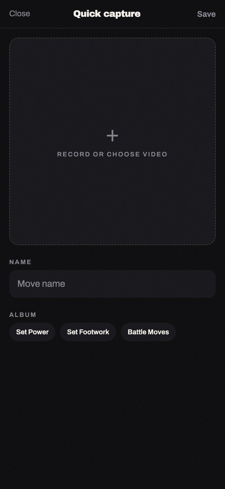 The quick capture screen: pick a video, name it, choose the album