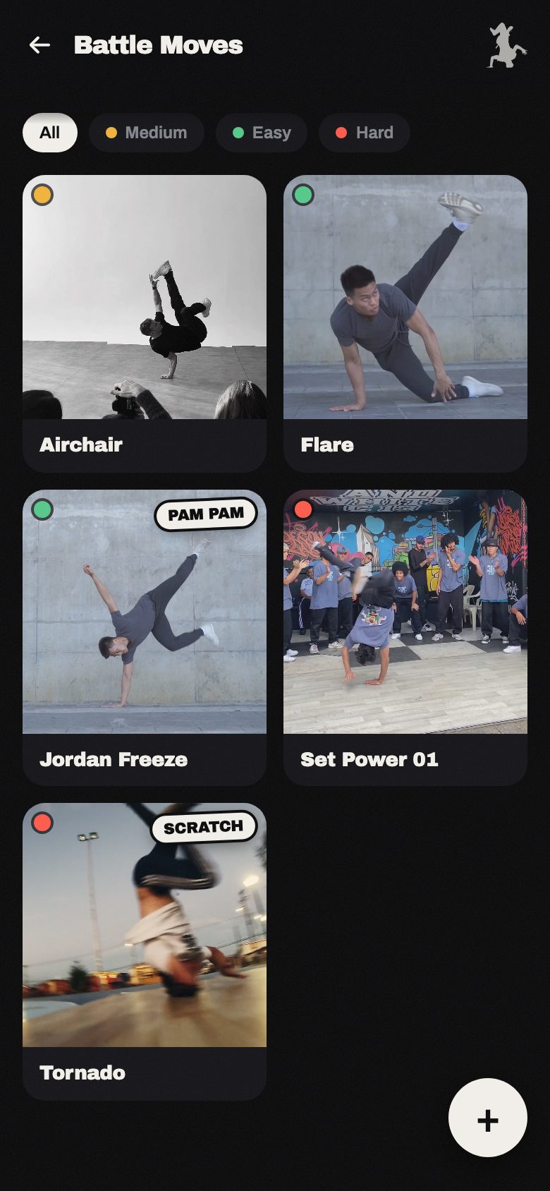 An album grid with a difficulty dot on every thumbnail